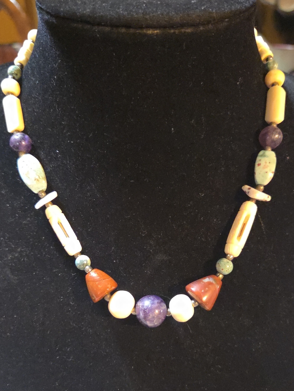 Artisan Multicolor Stones, Bone & Beads Necklace — Native Amaerican Southwestern